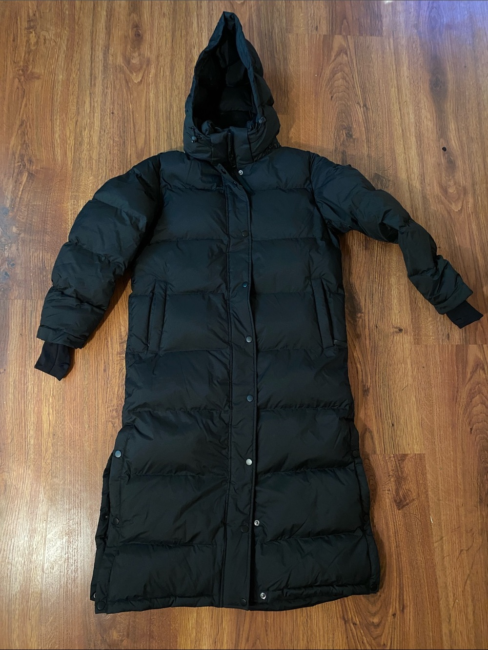 Quince Black Long Hooded Puffer Coat